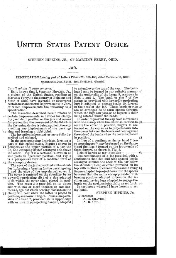 Belmont Jar Patent  615453-2