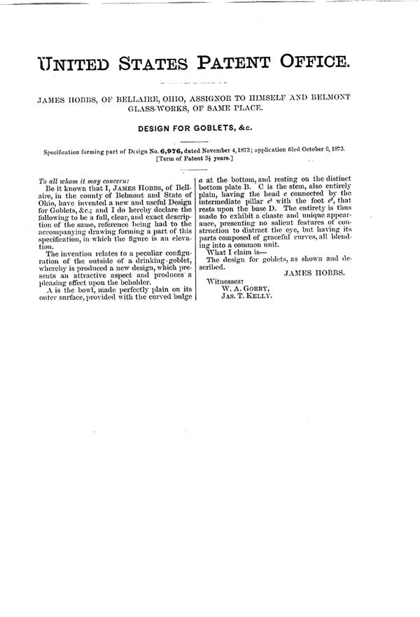 Belmont Goblet Design Patent D  6976-2