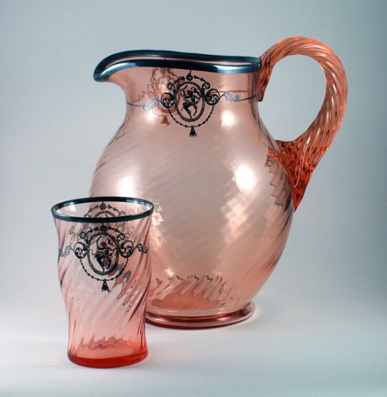 Imperial Twisted Optic Jug & Tumbler w/ Unknown Silver Overlay