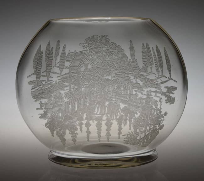Paden City # 182 Elliptical Vase w/ Oriental Garden Etch
