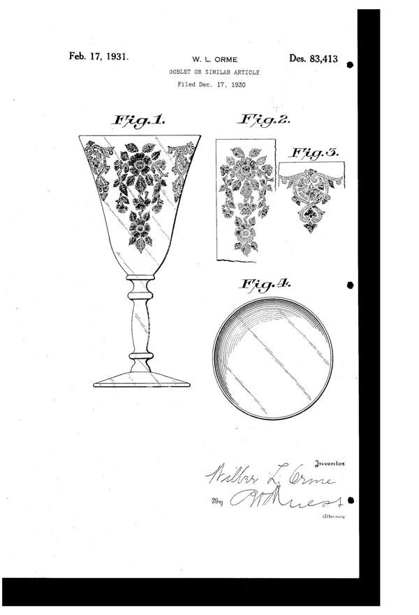Cambridge # 744 Apple Blossom Etch on #3130 Goblet Design Patent D 83413-1