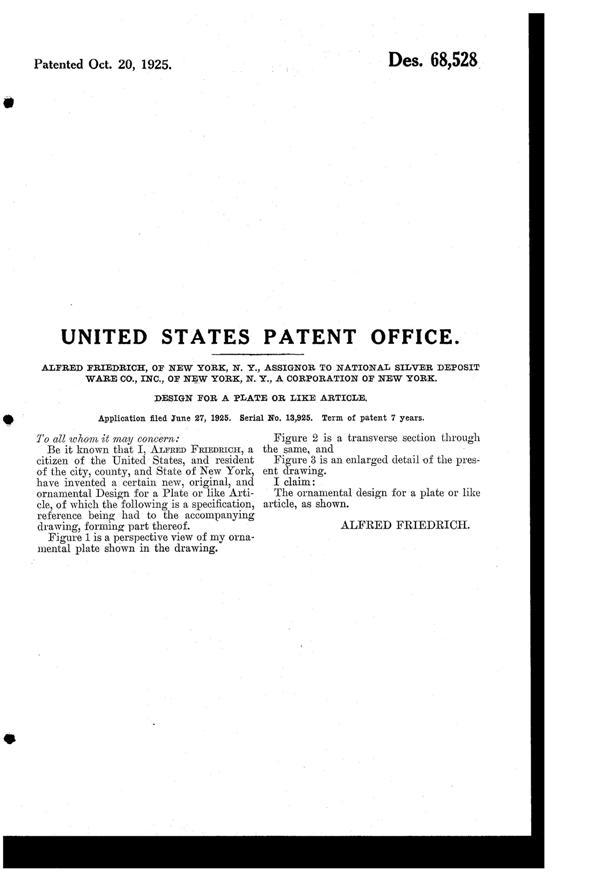 National Silver Deposit Ware Lyrebird Decoration on Plate Design Patent D 68528-2