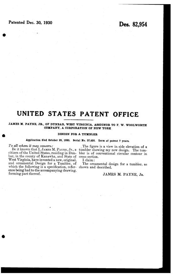 Dunbar #1129 Tumbler Design Patent D 82954-2