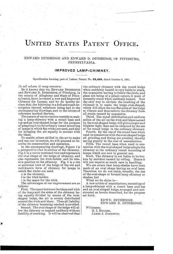 Dithridge Lamp Chimney Patent   33428-2