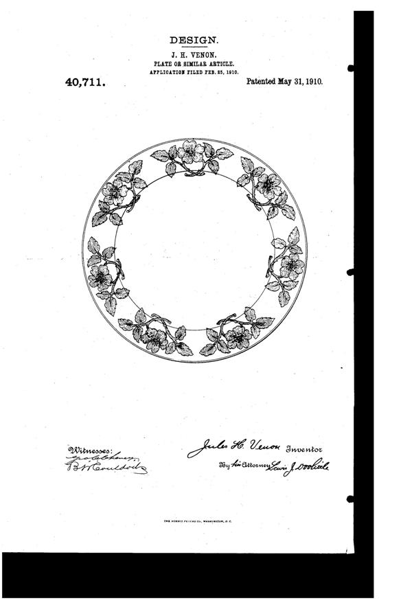 Venon Plate Design Patent D 40711-1