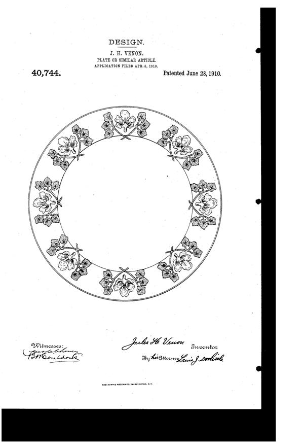 Venon Plate Design Patent D 40744-1