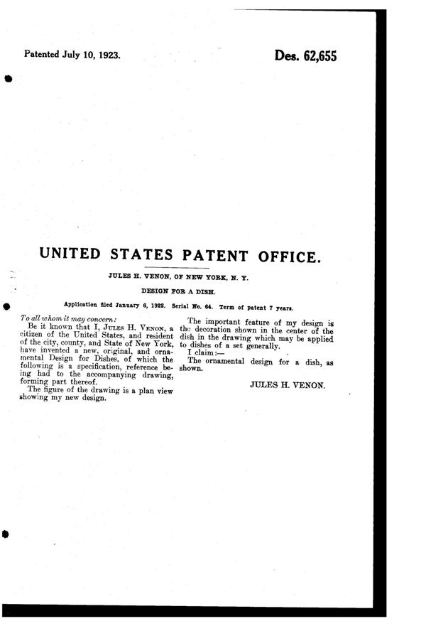 Venon Plate Design Patent D 62655-2