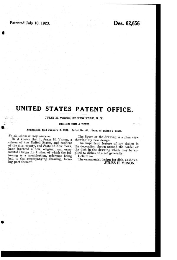Venon Plate Design Patent D 62656-2