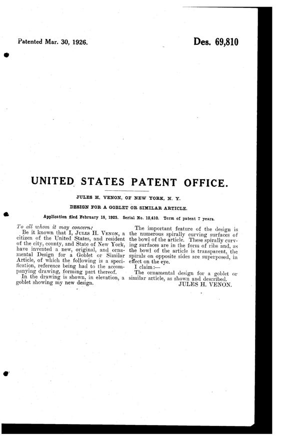 Venon Goblet Design Patent D 69810-2