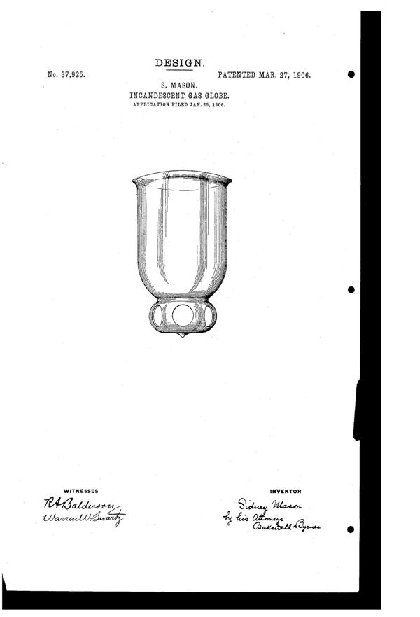 Welsbach Light Incandescent Gas Globe Design Patent D 37925-1