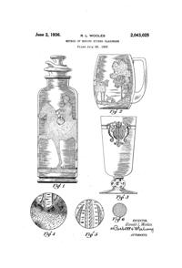 Heisey # 463 Equestrian Etch on #4225 Cobel Cocktail Shaker, # 462 Fox Chase Etch on #4163 Whaley Mug, & # 461 Concord Etch on #3404 Spanish Footed Tumbler Patent 2043025-1