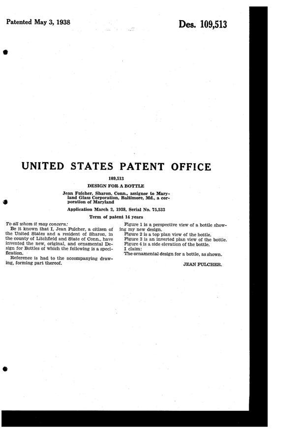 Maryland Glass Corporation Bottle Design Patent D109513-2