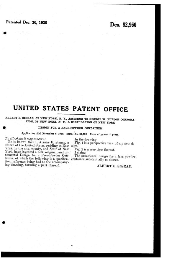 George W. Button Carriage Powder Jar Design Patent D 82960-2
