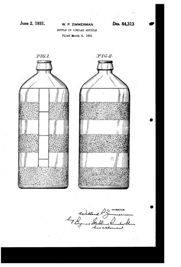 Hemingray Bottle Design Patent D 84313-1