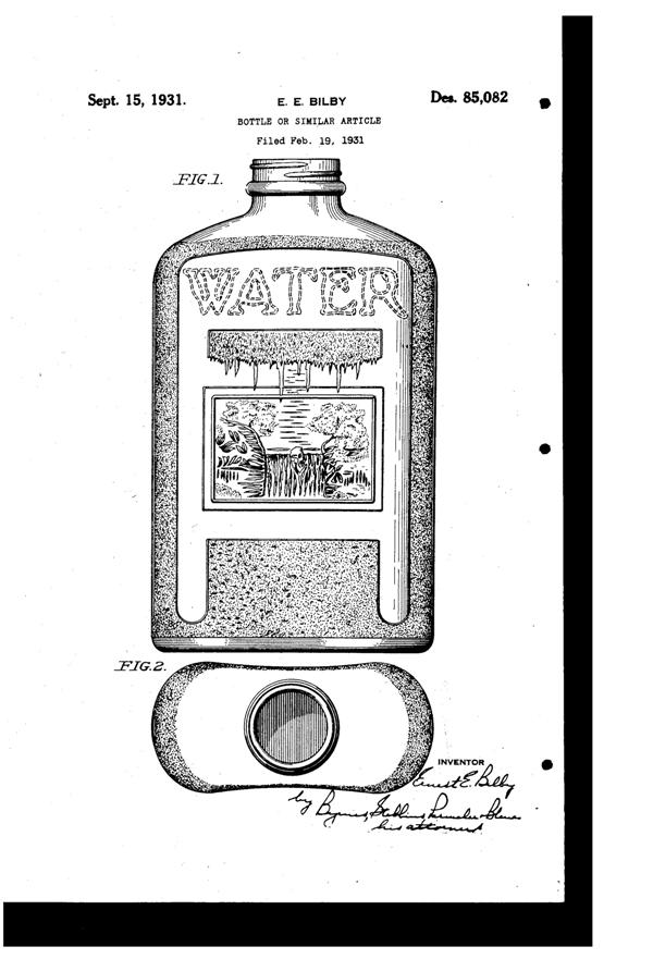 Hemingray Water Bottle Design Patent D 85082-1