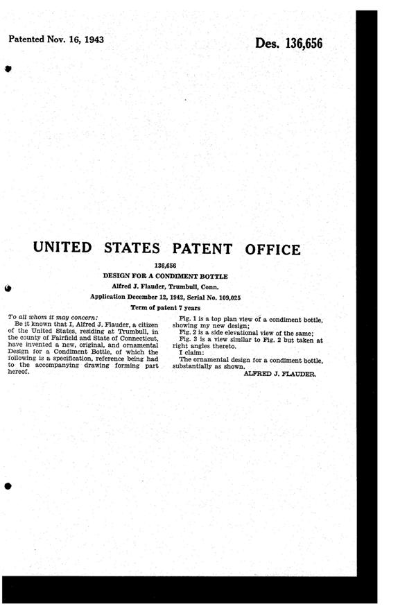 Flauder Condiment Bottle Design Patent D136656-2
