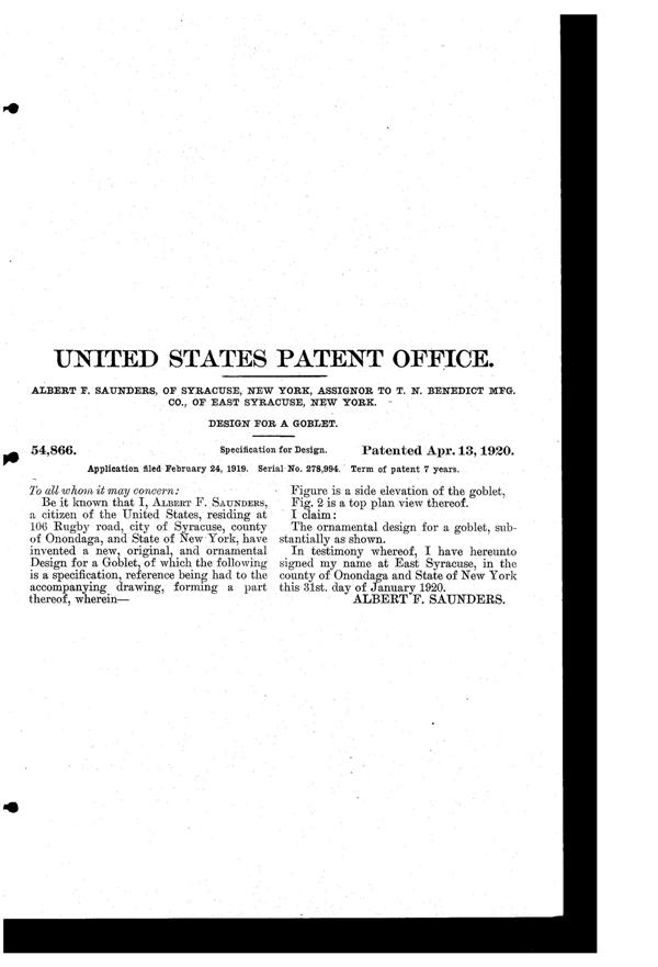 Benedict Goblet Design Patent D 54866-2