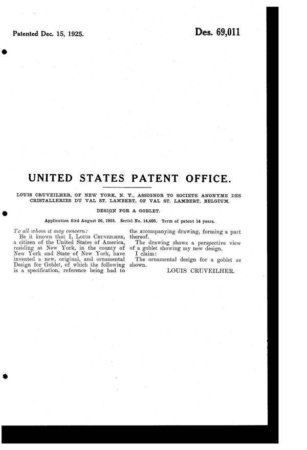 Val Saint Lambert Decorated Goblet Design Patent D 69011-2