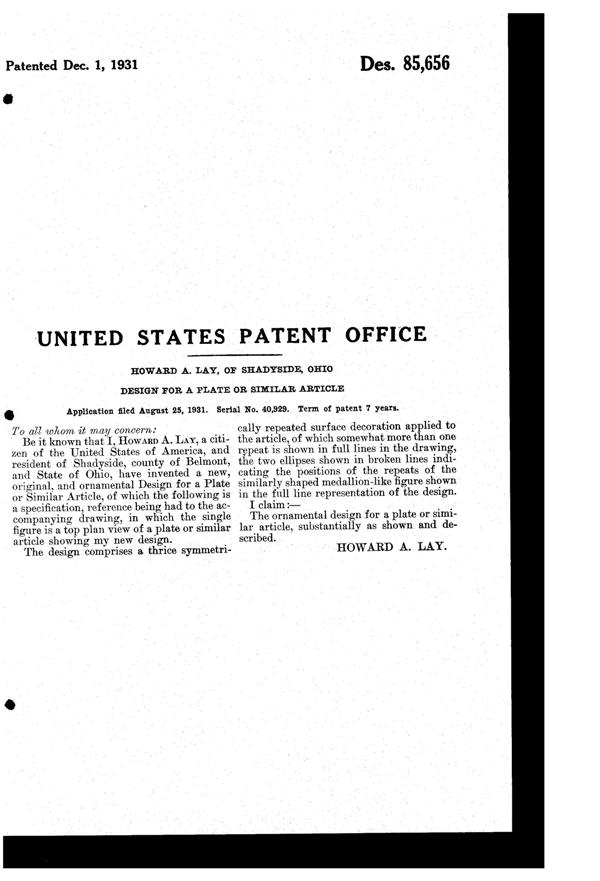 Belmont Rose Cameo Plate Design Patent D 85656-2