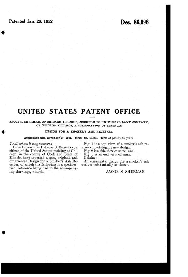 Universal Lamp Ash Tray Design Patent D 86096-2