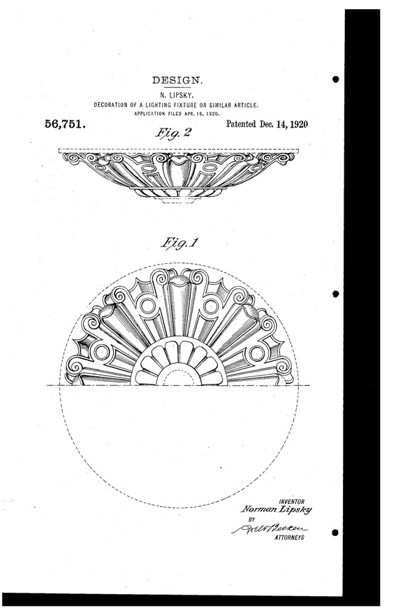 Artcraft Metal Stamping Light Fixture Design Patent D 56751-1