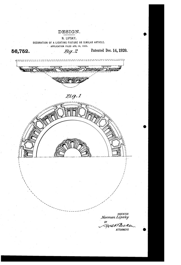 Artcraft Metal Stamping Light Fixture Design Patent D 56752-1