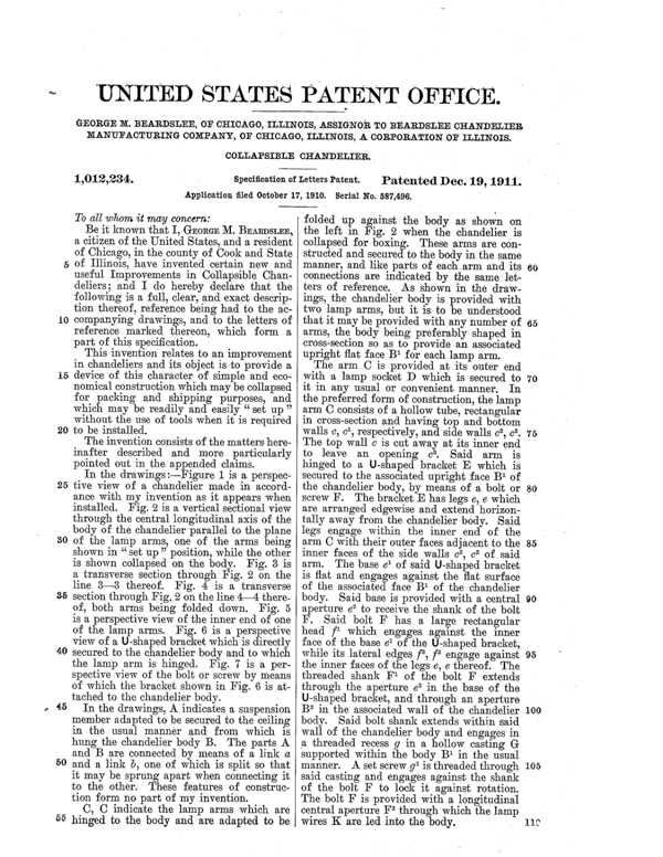Beardslee Chandelier Collapsible Chandelier Patent 1012234-3