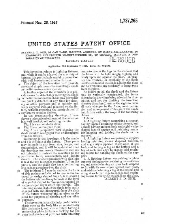 Beardslee Chandelier Light Fixture Patent 1737265-2