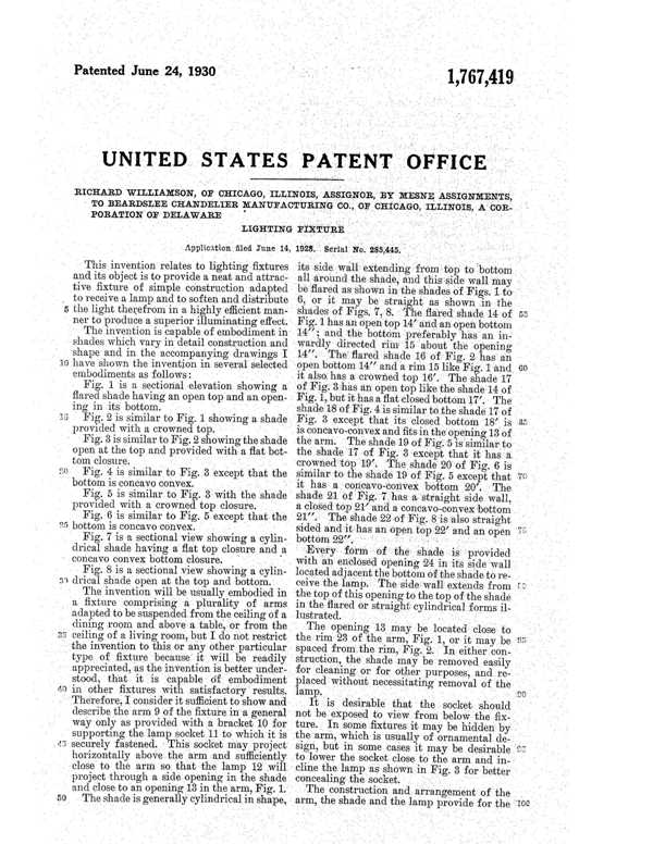 Beardslee Chandelier Light Fixture Patent 1767419-2