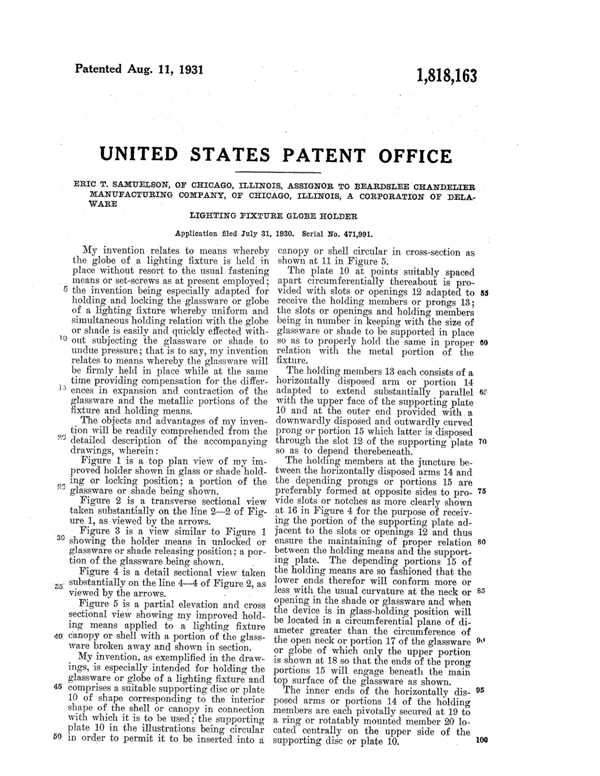 Beardslee Chandelier Globe Holder Patent 1818163-3