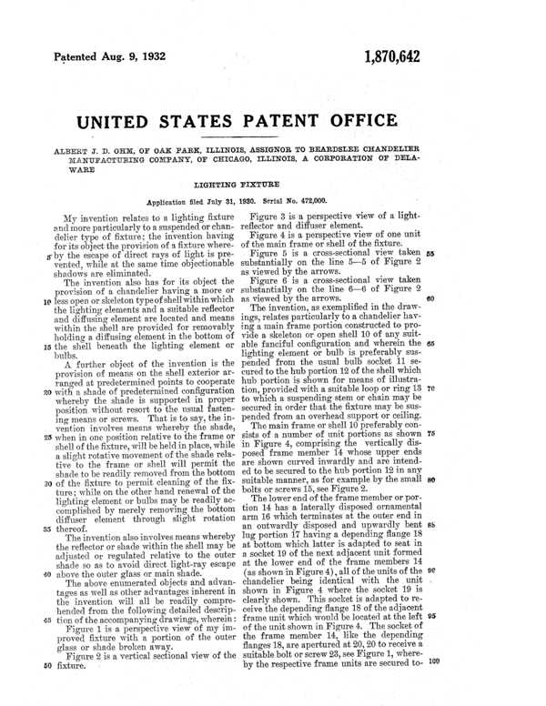 Beardslee Chandelier Light Fixture Patent 1870642-4