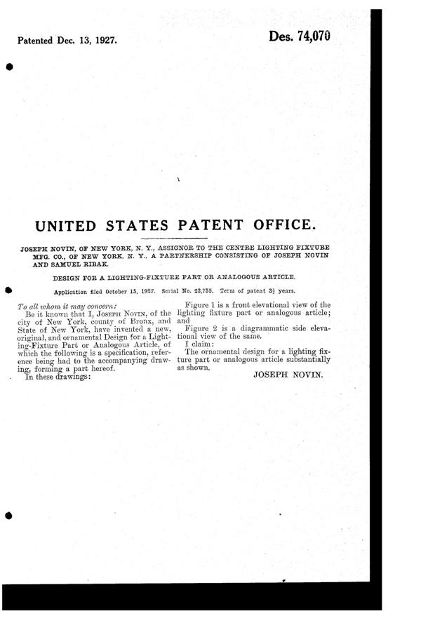Centre Lighting Fixture Mfg. Light Fixture Plate Design Patent D 74070-2