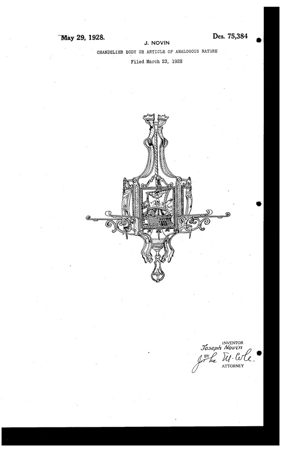 Centre Lighting Fixture Mfg. Chandelier Design Patent D 75384-1