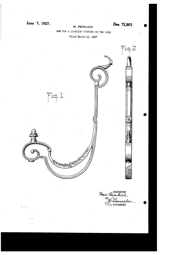 Columbia Lighting Fixture Light Fixture Arm Design Patent D 72801-1