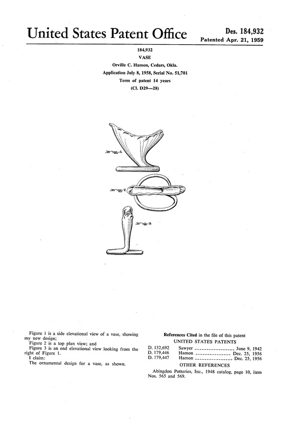 Hamon Vase Design Patent D184932-1