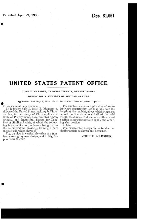 Marsden Works Tumbler Design Patent D 81061-2