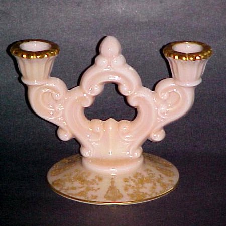 Cambridge # 647 Crown Tuscan  "Keyhole" Candlestick w/ Gold Encrusted Rose Point Etch