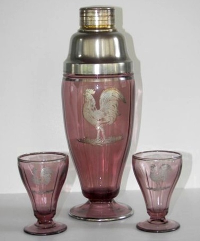 Cambridge # 525 Beverage Set w/ Rooster Silver Overlay