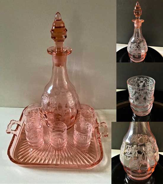 Central #1428 Decanter set with # 412 Morgan Etch