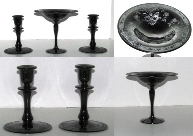 Duncan & Miller #  28 Candlesticks & Unknown Compote w/ Lotus #796 Etch