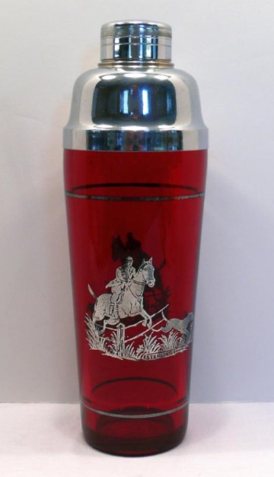 Unknown Cocktail Shaker w/ Unknown Silver Overlay Hunt Scene