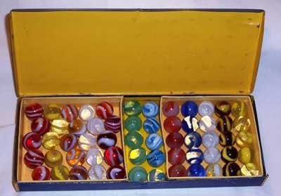 Akro Agate Tin Box with Corkscrew Marbles