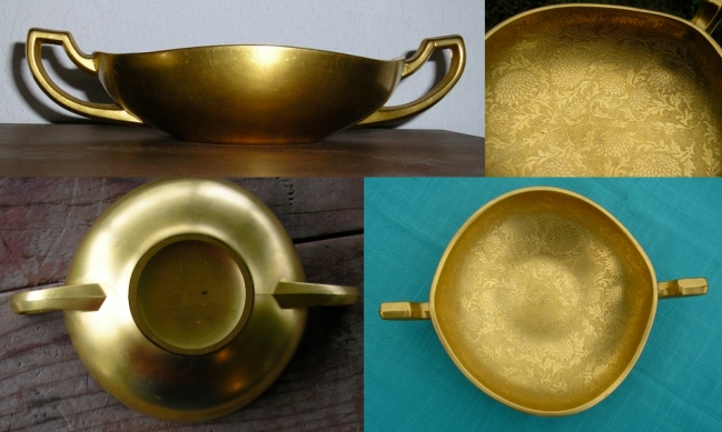 Unknown Gold Encrusted Handled Bowl w/ Unknown Chrysanthemum Etch