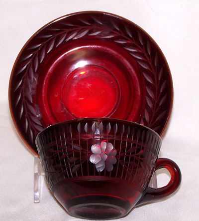 Unknown Ruby Cup and Saucer with Cutting