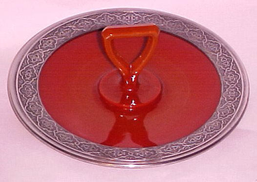 Northwood #698 Chinese Coral Center Handle Server w/ White Metal Border