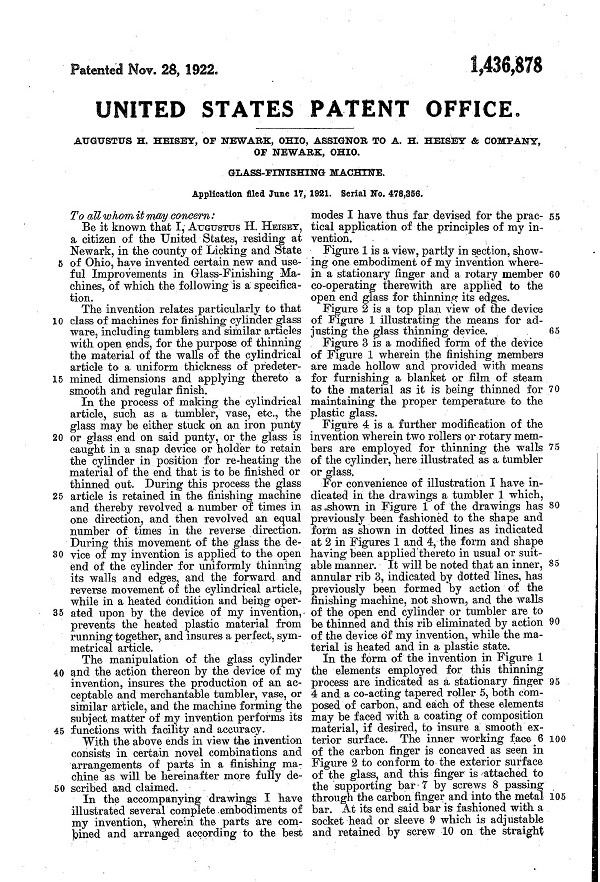 Heisey Glass-Finishing Machine Patent 1436878-3