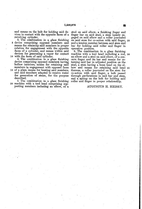 Heisey Glass-Finishing Machine Patent 1436878-5