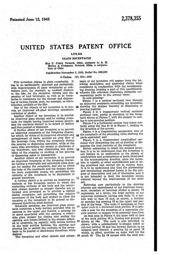 Heisey Cocktail Shaker Patent 2378355-2