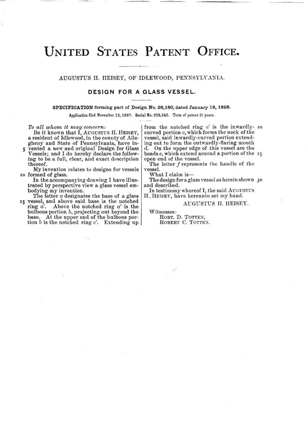 Heisey #1225 Plain Band Creamer Design Patent D 28180-2