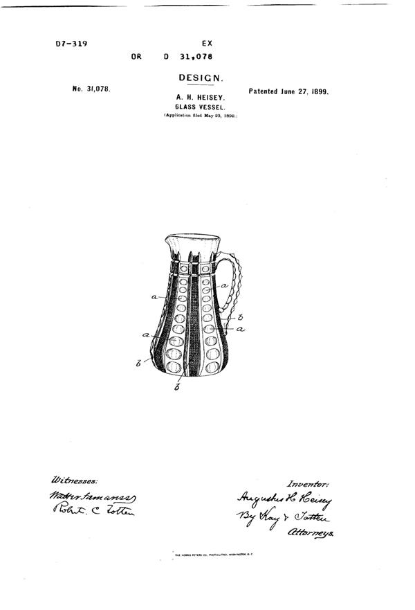 Heisey # 305 Punty & Diamond Point Jug Design Patent D 31078-1